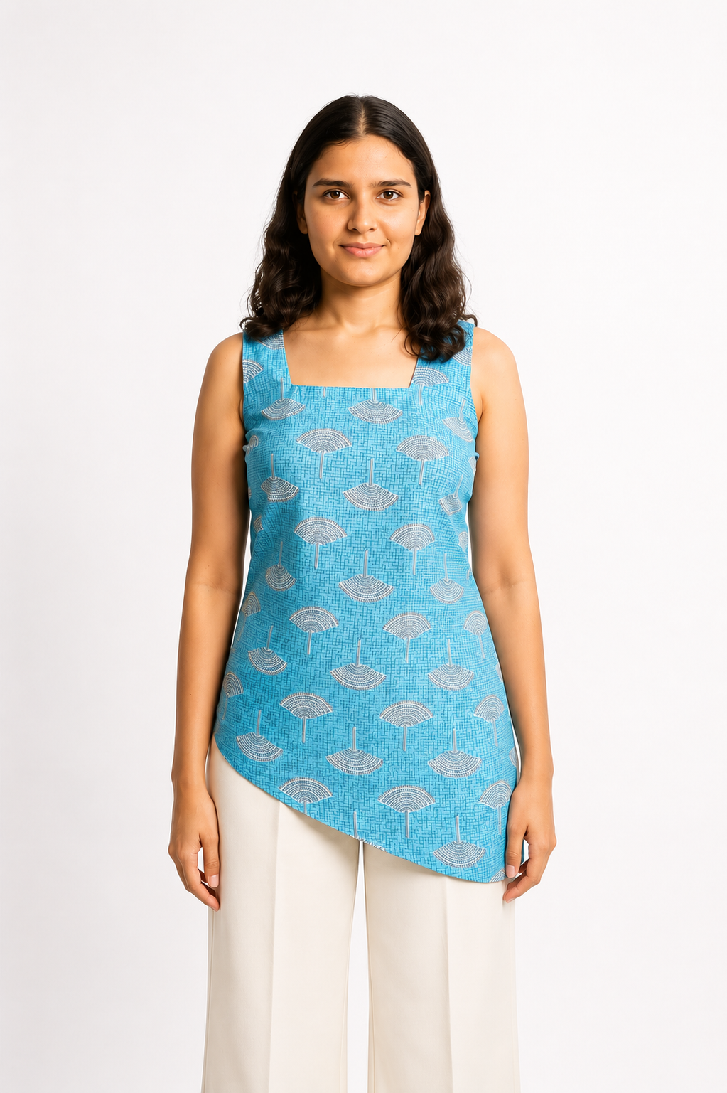 Blue-Breeze-1 Blue Breeze – Blue Geometric Print Sleeveless Cotton Short Kurti - Image 1